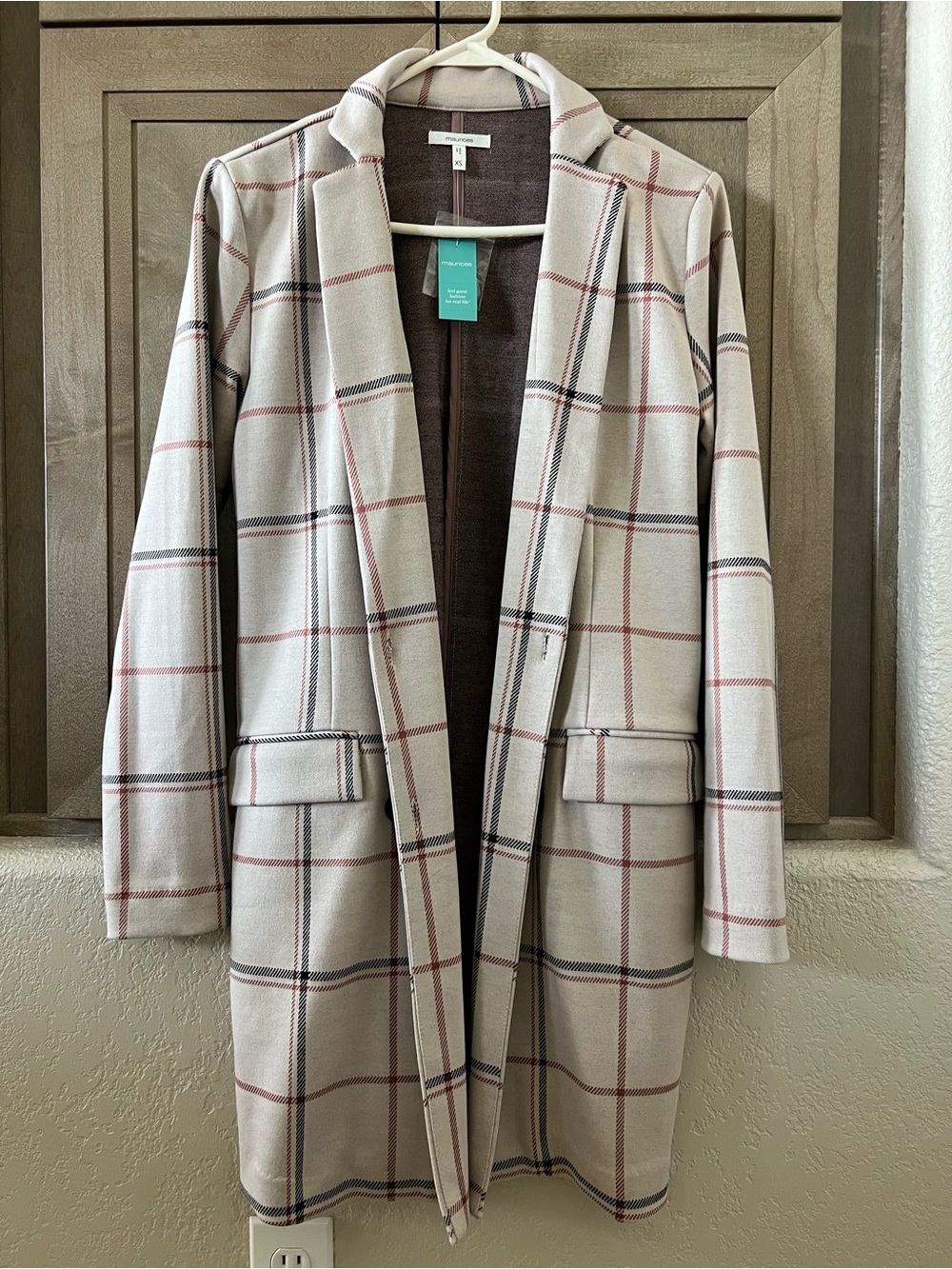 Maurices Cream Plaid Open Front Trench Coat